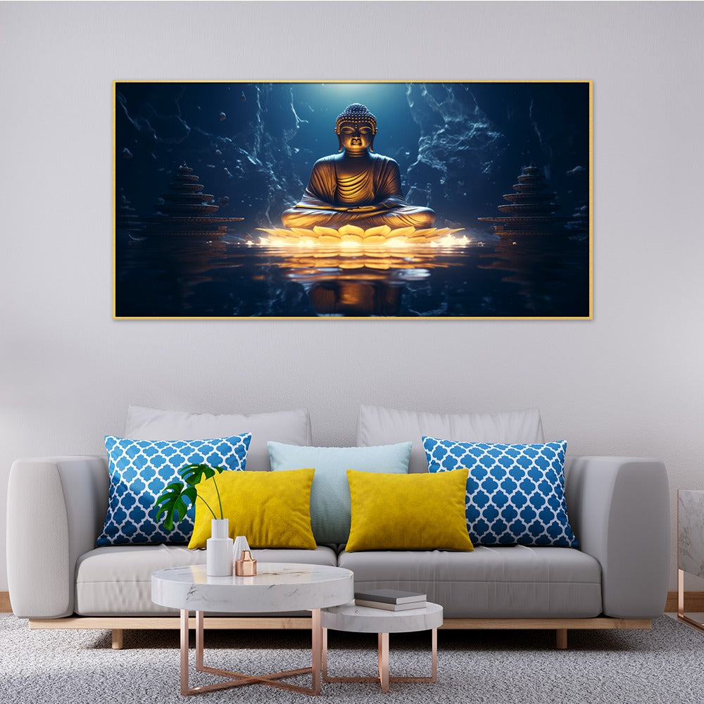 DEKORSTATION Vastu Golden Buddha Canvas Wall Painting | Spiritual Meditation buddha setting on lotus Wall Art for Peace & Positive Energy Canvas Painting For Living Room | Bedroom | Office | Drawing room