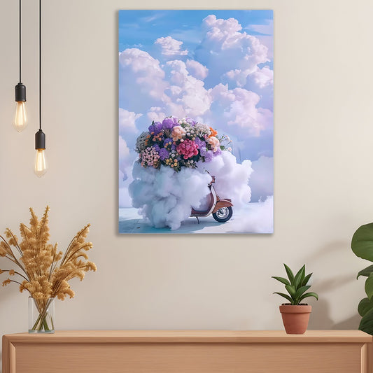 Scooter On Cloud Ride Floral Fantasy Canvas Wall Painting Dreamy Pastel Sky Decor for Wall Decoration Elegant Kids Art Stretched Wall Paintings