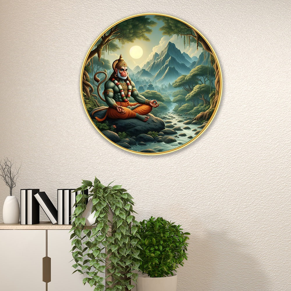DEKORSTATION Premium Meditating Lord Hanuman Round Wall Art with Sparkle Lamination - Golden Slim Circular Frame Bajrangbali Painting for Living Room & Pooja Room - Finished Surface Devotional Decor, 12 x 12 Inch