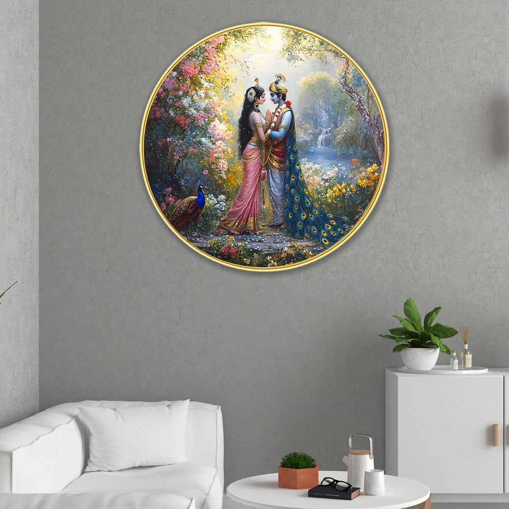 DEKORSTATION Luxury Radha Krishna Divine Love Wall Decor - Sparkle Finished Surface with Slim Golden Circular Frame Painting Premium Spiritual Art for Home, Office & Hotel - 12x12 Inch Round Religious Painting