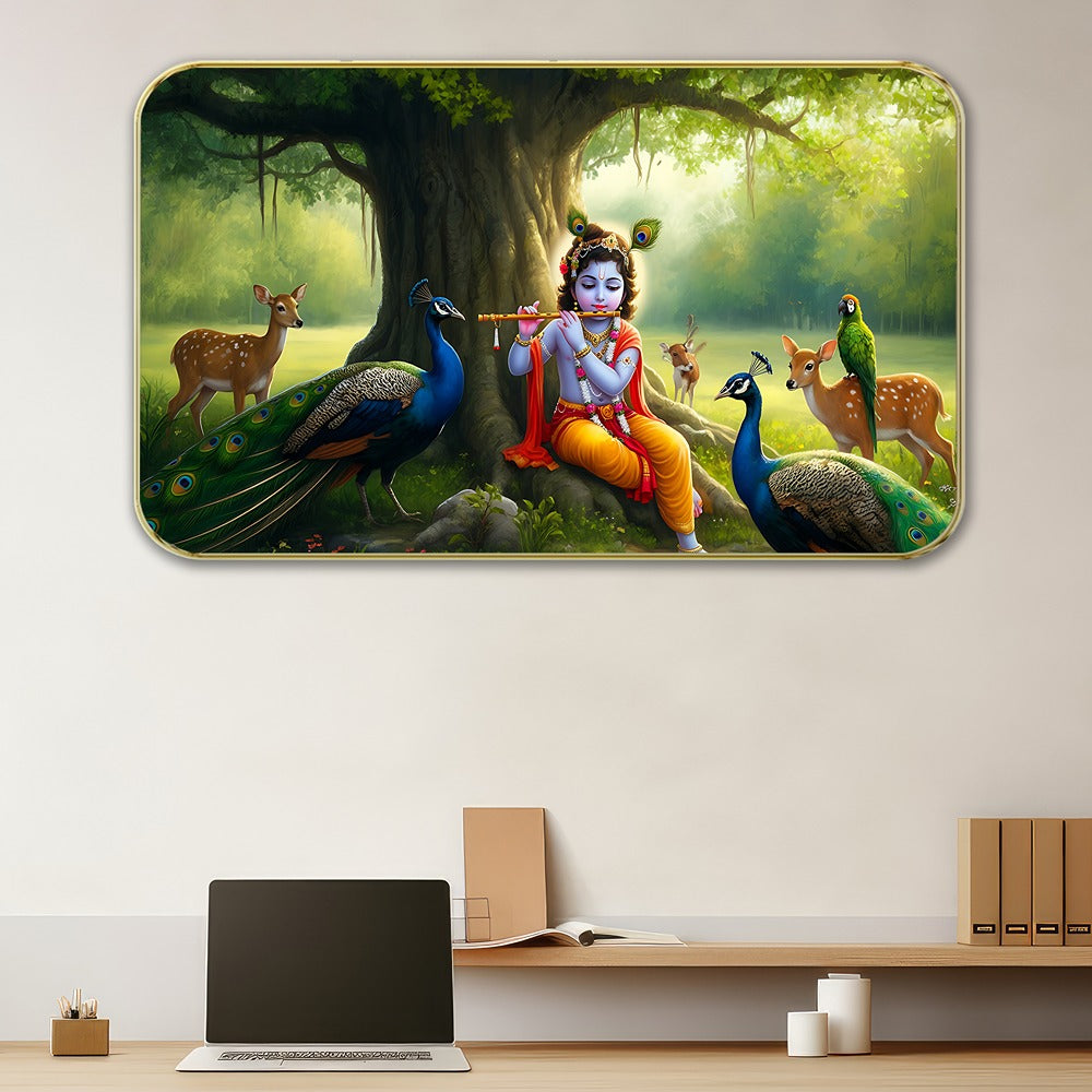 DEKORSTATION Premium Bal Krishna Playing Flute in Vrindavan Forest Art with Sparkle Lamination - Golden Slim Frame Devotional Painting with Peacocks & Deer for Kids Room - Finished Surface Spiritual Wall Hanging, 11 x 14 Inch