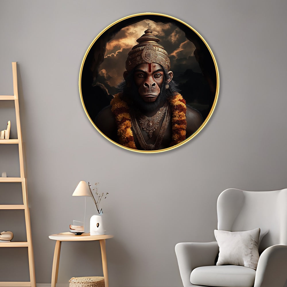 DEKORSTATION Premium Lord Hanuman Modern Wall Art with Sparkle Lamination - Golden Slim Frame Bajrangbali Painting for Living Room & Pooja Room - Finished Surface Devotional Decor, 12 x 12 Inch Round