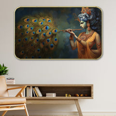 DEKORSTATION Premium Lord Krishna with Peacock Feather Modern Art with Sparkle Lamination - Golden Slim Frame Devotional Painting for Living Room - Finished Surface Spiritual Wall Hanging, 11 x 14 Inch