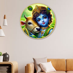 DEKORSTATION Premium Baby Krishna with Cow Round Wall Art with Sparkle Lamination - Golden Slim Circular Frame Bal Gopal Painting for Living Room & Pooja Room - Finished Surface Spiritual Wall Decor, 12 x 12 Inch