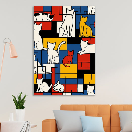 Modern Pop Art Color Block Cats Canvas Painting Abstract Geometric Cat Canvas Wall Painting for Wall Decoration Elegant Modern Art Stretched Wall Paintings