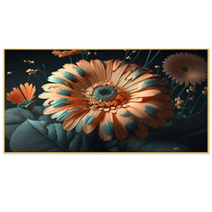 Ethereal Bloom Peach Flower and green leaf Vibrant Blue and Orange Floral Canvas Art Elegant Floating Frame Wall Paintings