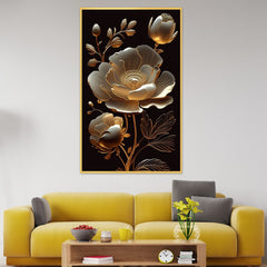 DEKORSTATION Elegant Golden Floral Canvas Painting | Luxury White & Gold Flower Wall Art For Living Room | Bedroom | Office | Drawing room
