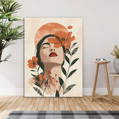 Woman with Boho Floral Canvas Wall Painting Modern Art Minimalist Canvas Painting