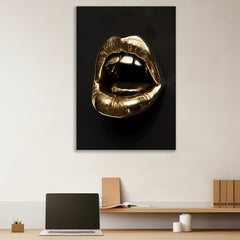 Bold Gold Lips Canvas Painting Modern Glamour Wall Decor for Wall Decoration Elegant Little Girl Moder Art Stretched Wall Paintings