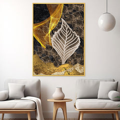 DEKORSTATION Abstract Golden Leaf Canvas Wall Painting | Modern Botanical Wall Art For Living Room | Bedroom | Office | Drawing room