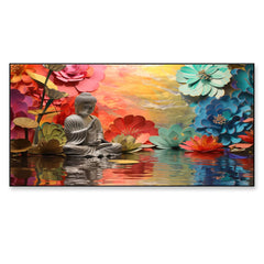 Meditating buddha statue sitting on lake with multicolor flower canvas painting