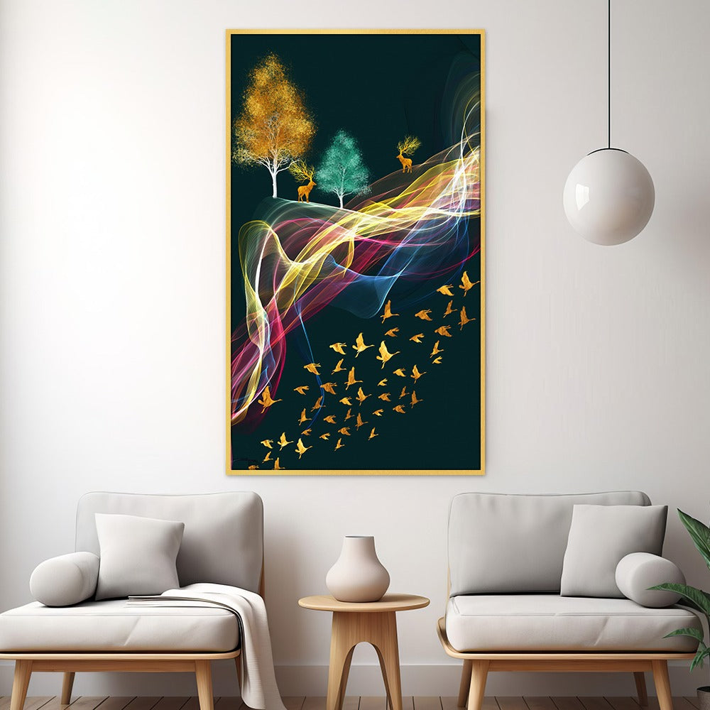 DEKORSTATION Luxury Abstract Deer & Golden Birds Canvas Wall Painting | Modern Nature Landscape Wall Art Decor For Living Room | Bedroom | Office | Drawing room