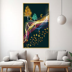 DEKORSTATION Luxury Abstract Deer & Golden Birds Canvas Wall Painting | Modern Nature Landscape Wall Art Decor For Living Room | Bedroom | Office | Drawing room