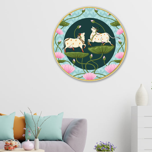 DEKORSTATION Couple Cow Pichwai Painting | Premium Modern Art Wall Decor with Sparkle Lamination | Golden Slim Frame | Finished Surface | 12 x 12 Inch | Home, Office & Hotel DŽcor