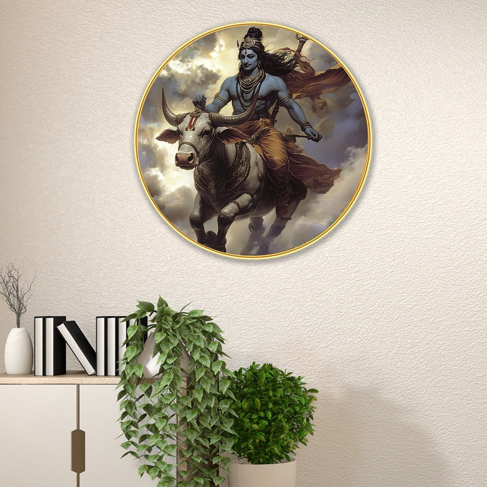 DEKORSTATION Premium Lord Shiva Riding Nandi Round Wall Art with Sparkle Lamination - Golden Slim Circular Frame Mahadev Painting for Living Room & Pooja Room - Finished Surface Spiritual Wall Decor, 12 x 12 Inch