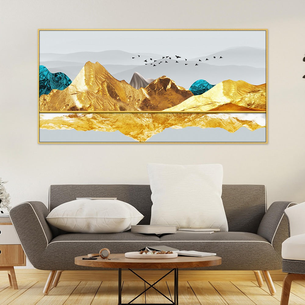DEKORSTATION Luxury Golden Mountain Landscape Canvas Wall Painting | Modern Abstract Nature Wall Art Deco For Living Room | Bedroom | Office | Drawing room