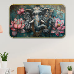 DEKORSTATION Premium Lord Ganesha Modern Art Wall Decor with Sparkle Lamination - Golden Slim Frame Ganpati Painting with Lotus for Living Room & Entrance - Finished Surface Spiritual Wall Hanging, 11 x 14 Inch