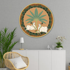 DEKORSTATION Couple Cow Pichwai Wall Painting | Premium Modern Art with Sparkle Lamination | Golden Slim Frame | Finished Surface | 12 x 12 Inch | Home, Office & Hotel Decor