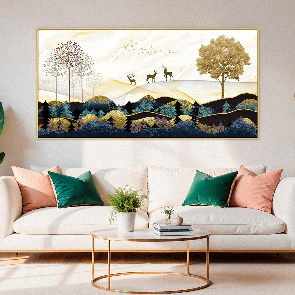 DEKORSTATION Vastu Deer Landscape Canvas Painting for Peace & Prosperity | Golden Mountain Forest Canvas Wall Art for Living Room | Bedroom | Office | Drawing room