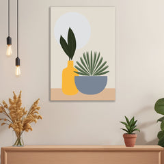 Boho Minimalist Plant Canvas Wall Painting Abstract Botanical Art with Vases and Sun, Modern Home Decor for Wall Decoration Elegant Modern Art Stretched Wall Paintings