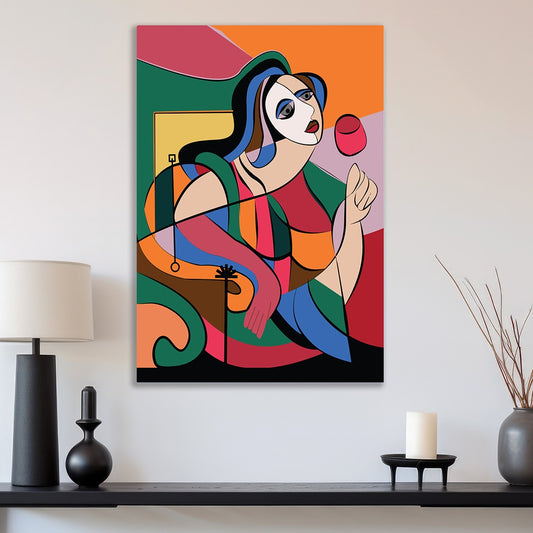 Woman with Wine Bold Abstract Modern Canvas Wall Painting in Picasso Inspired Style for Wall Decoration Elegant Modern Art Stretched Wall Paintings