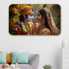 DEKORSTATION Premium Radha Krishna Divine Couple Round Wall Art with Sparkle Lamination - Golden Slim Circular Frame Devotional Painting for Living Room & Pooja Room - Finished Surface Spiritual Wall Decor, 11 x 14 Inch