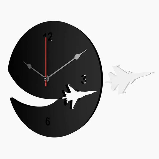 Black Wooden Wall Clock with Airplane Designer Theme
