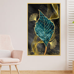 DEKORSTATION Abstract Teal & Gold Leaf Canvas Painting | Luxury Wall Art for Living Room Bedroom Office | Modern Home Decor