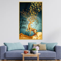 DEKORSTATION Royal Golden Deer Canvas Wall Painting with Flying Birds for Living Room, Bedroom & Office, Drawing room| Luxury Abstract Deer Wildlife Wall Art Decor