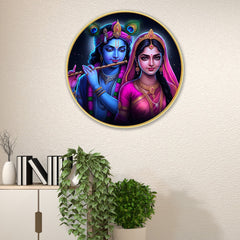 DEKORSTATION Premium Radha Krishna Round Divine Love Wall Art with Sparkle Lamination - Golden Slim Circular Frame Devotional Painting for Living Room & Pooja Room - Finished Surface Spiritual Wall Decor, 12 x 12 Inch