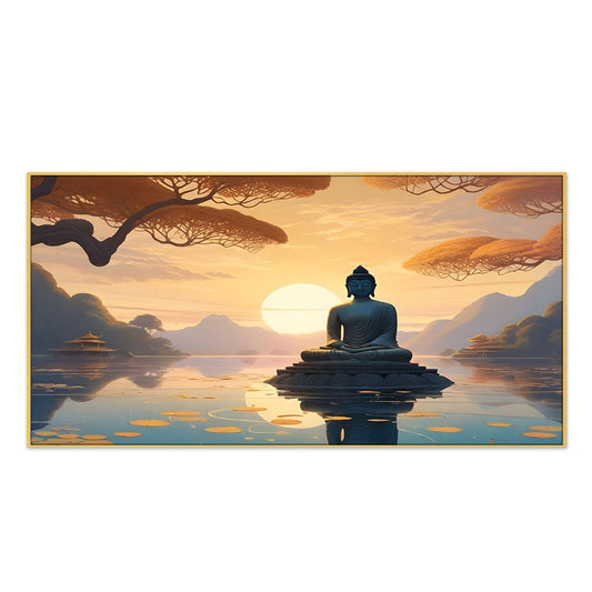 Meditation Buddha In Lake With Sunrise Canvas Wall Painting