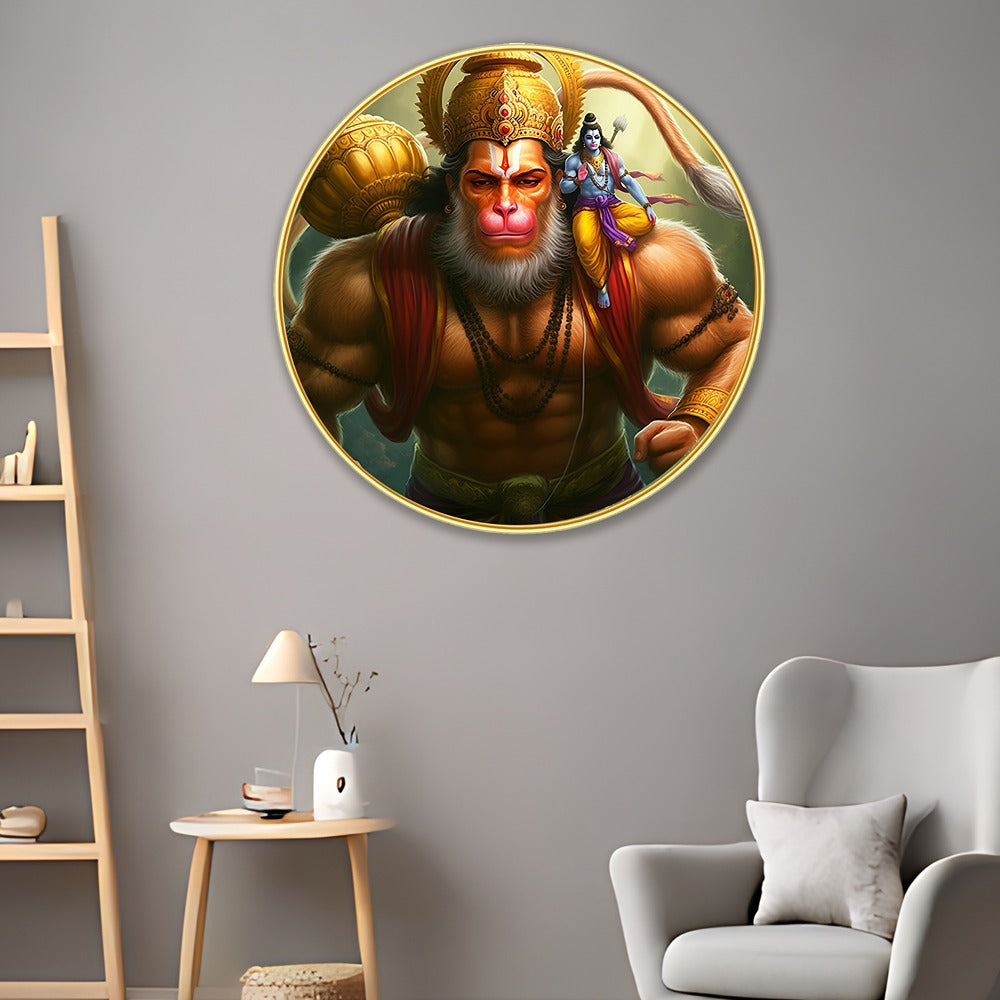 DEKORSTATION Premium Lord Hanuman Carrying Lord Rama Round Wall Art with Sparkle Lamination - Golden Slim Circular Frame Bajrangbali Painting for Living Room & Pooja Room - Finished Surface Spiritual Wall Decor, 12 x 12 Inch