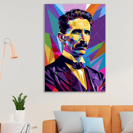 Nikola Tesla Canvas Painting Vibrant Abstract Portrait Canvas Painting of a Genius Inventor For Wall Decoration Elegant Beautifull Colourful Art Stretched Wall Paintings