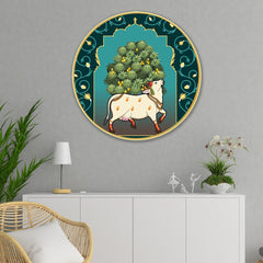 DEKORSTATION Premium Modern Art Wall Decor Ð Sacred Cow (Kamadhenu) Traditional Artwork | Sparkle Lamination | Golden Slim Frame | Finished Surface | 12 x 12 Inch | Home, Office & Hotel Decor