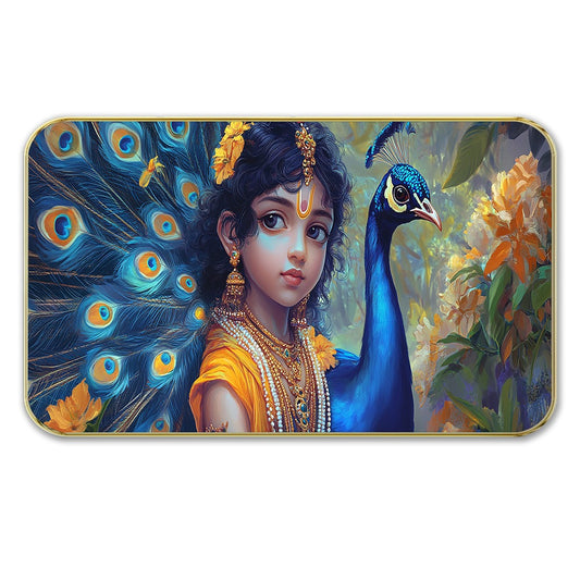 DEKORSTATION Premium Bal Krishna with Peacock Wall Art with Sparkle Lamination - Golden Slim Frame Devotional Painting for Living Room & Kids Room - Finished Surface Spiritual Wall Decor, 11 x 14 Inch
