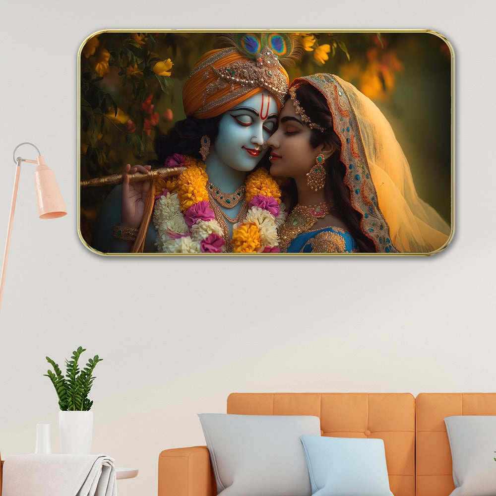 DEKORSTATION Premium Radha Krishna Modern Wall Art with Sparkle Lamination - Golden Slim Frame Devotional Painting for Living Room & Pooja Room - Finished Surface Wall Decor, 11 x 14 Inch