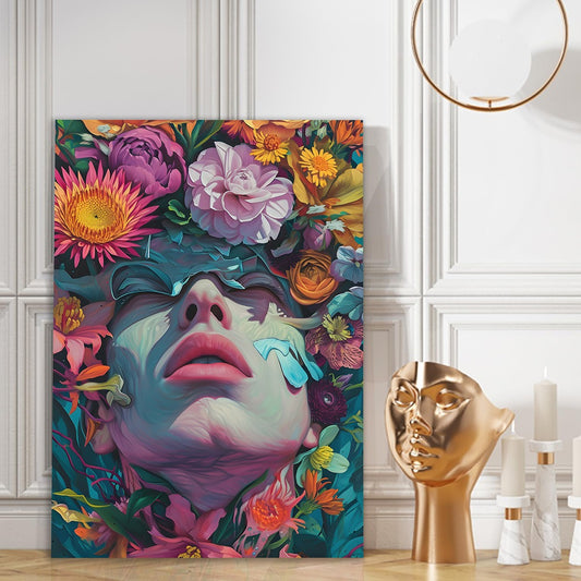 Colourfull flower on lady face Moder Art Canvas Painting for Wall Decoration Elegant Stretched Wall Paintings