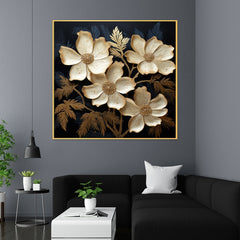 DEKORSTATION Luxury Golden Floral Canvas Wall Painting | Elegant Black Background Flower Wall Art Decor For Living Room | Bedroom | Office | Drawing room