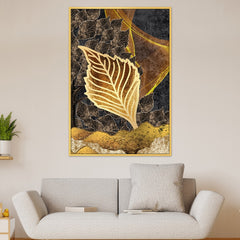 DEKORSTATION Abstract Golden Leaf Canvas Wall Painting | Modern Botanical Wall Art in Gold & Black for Living Room | Bedroom | Office | Drawing room