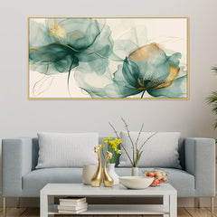 DEKORSTATION Modern Flower Canvas Wall Painting Canvas Print Teal Aqua Gold Abstract Artwork Home Decoration for Living Room | Bedroom | Office | Drawing room