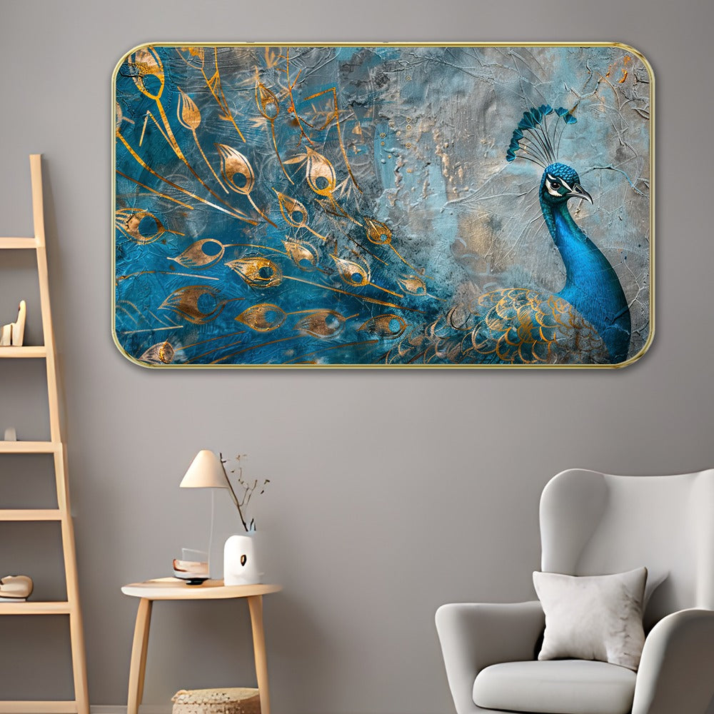 DEKORSTATION Premium Peacock Modern Art Wall Decor with Sparkle Lamination - Golden Slim Frame Abstract Painting for Living Room, Bedroom & Office - Finished Surface Wall Hanging, 11 x 14 Inch