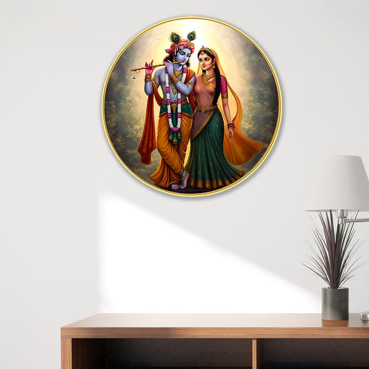 DEKORSTATION Premium Radha Krishna with Flute Round Wall Art with Sparkle Lamination - Golden Slim Circular Frame Devotional Painting for Living Room & Pooja Room - Finished Surface Spiritual Wall Decor, 12 x 12 Inch
