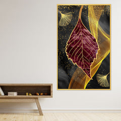 DEKORSTATION Abstract Maroon & Gold Leaf Canvas Painting | Luxury Wall Art for Living Room | Drawing Room | Bedroom Office | Modern Home Decor