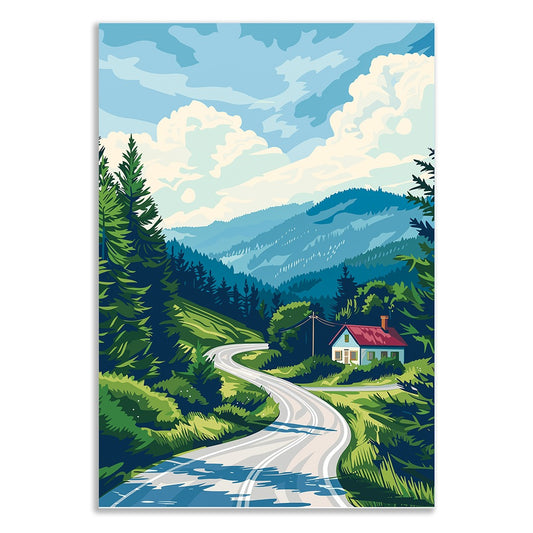 Mountain Drive Canvas Painting Serene Forest Landscape with Country Cottage for Wall Decoration Elegant Modern Art Stretched Wall Paintings