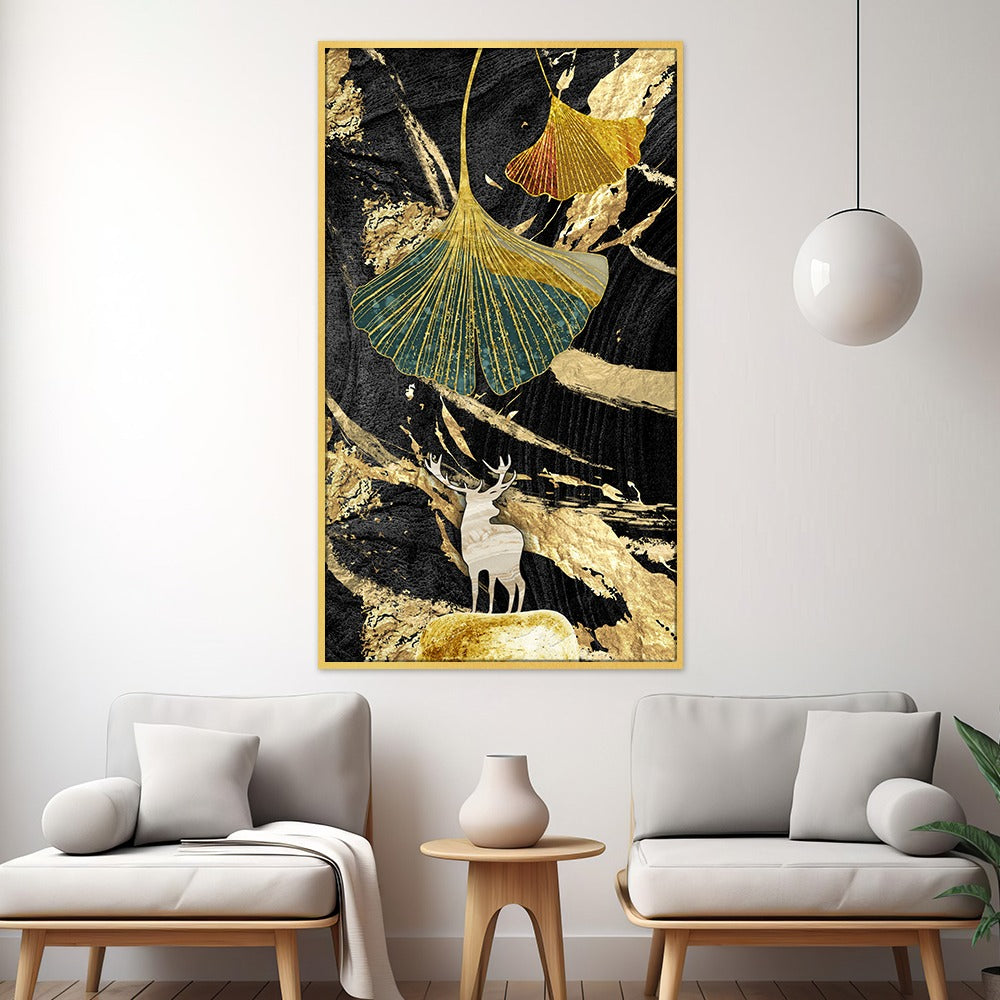 DEKORSTATION Luxury Golden Ginkgo Leaf & Deer Canvas Wall Painting | Modern Abstract Black Gold Nature Wall Art Decor For Living Room | Bedroom | Office | Drawing room