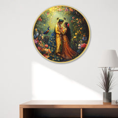 DEKORSTATION Premium Radha Krishna Modern Wall Art with Sparkle Lamination Painting - Golden Slim Round Frame Devotional Painting for Living Room & Pooja Room - Finished Surface Spiritual Wall Decor, 12 x 12 Inch