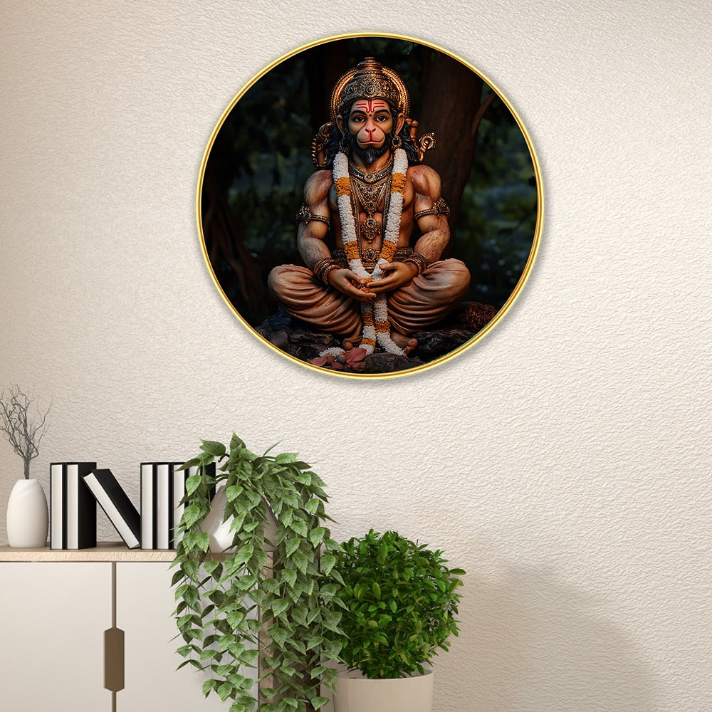 DEKORSTATION Premium Lord Hanuman Round Wall Art with Sparkle Lamination - Golden Slim Circular Frame Bajrangbali Painting for Living Room & Pooja Room - Finished Surface Spiritual Wall Decor, 12 x 12 Inch