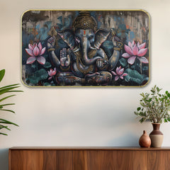 DEKORSTATION Premium Lord Ganesha with Pink Lotus Wall Art with Sparkle Lamination - Golden Slim Frame Ganpati Painting with Modern Textured Background - Finished Surface Spiritual Wall Decor, 11 x 14 Inch