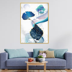 DEKORSTATION Abstract Blue & Gold Leaf Canvas Painting with Moon & Trees | Modern Wall Art for Living Room Bedroom Office | Luxury Nature Home Decor