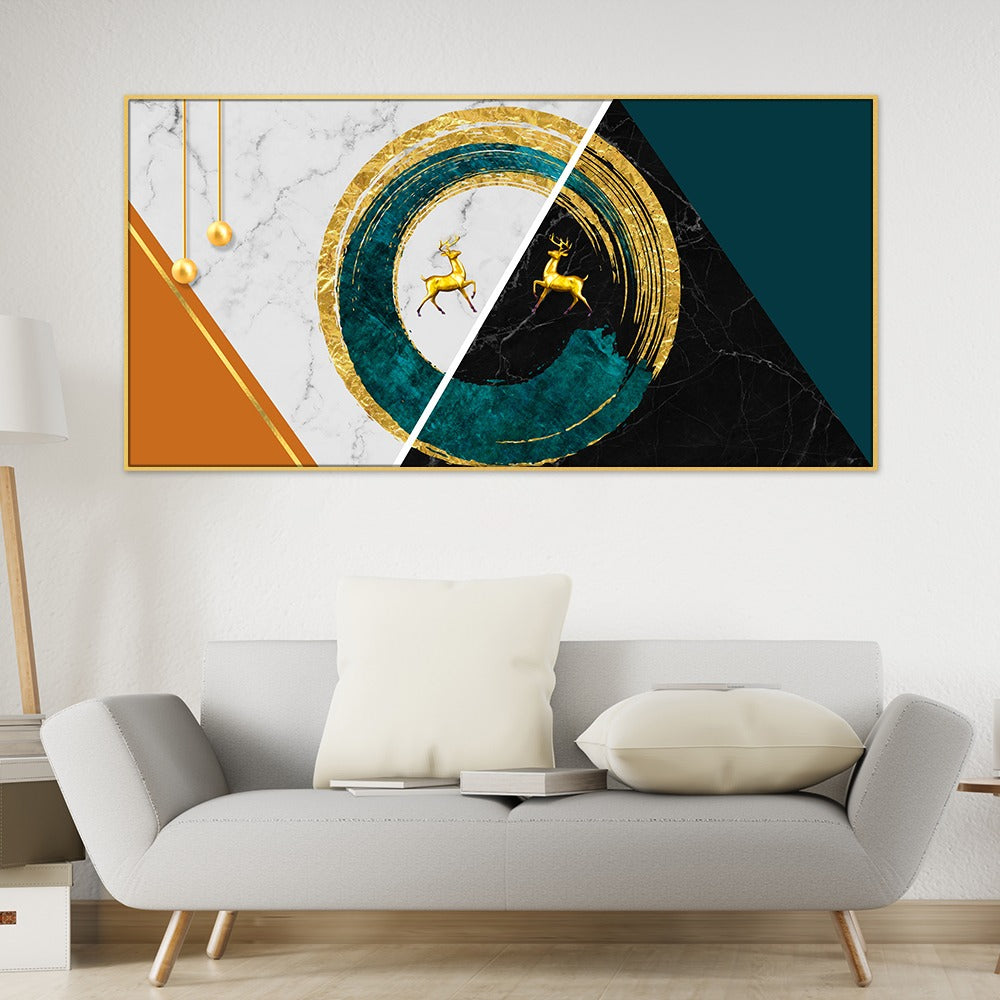 DEKORSTATION Luxury Golden Deer Abstract Circle Canvas Wall Painting Modern Marble Geometric Wall Art Decor For Living Room | Bedroom | Office | Drawing room